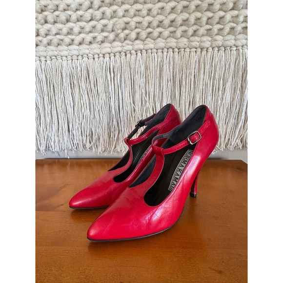 Norma Kamali Shoes - 80s Vintage NORMA KAMALI Made In Italy Red Leather T Strap Stiletto Heels Size 7